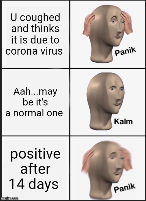 Corona virus | U coughed and thinks it is due to corona virus; Aah...may be it's a normal one; positive after 14 days | image tagged in memes,panik kalm panik | made w/ Imgflip meme maker