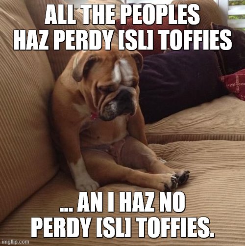 bulldogsad | ALL THE PEOPLES HAZ PERDY [SL] TOFFIES; … AN I HAZ NO PERDY [SL] TOFFIES. | image tagged in bulldogsad | made w/ Imgflip meme maker