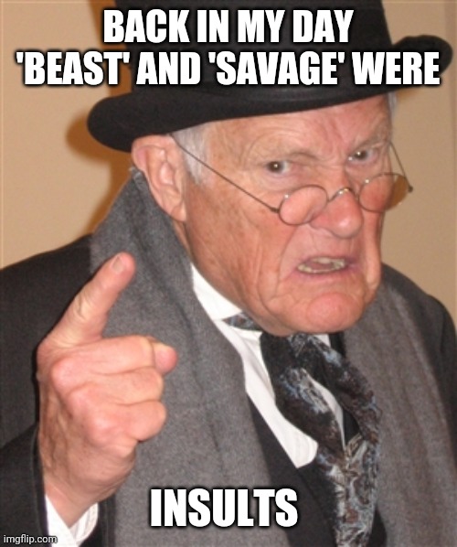 Angry Old Man | BACK IN MY DAY 'BEAST' AND 'SAVAGE' WERE; INSULTS | image tagged in memes,angry old man | made w/ Imgflip meme maker