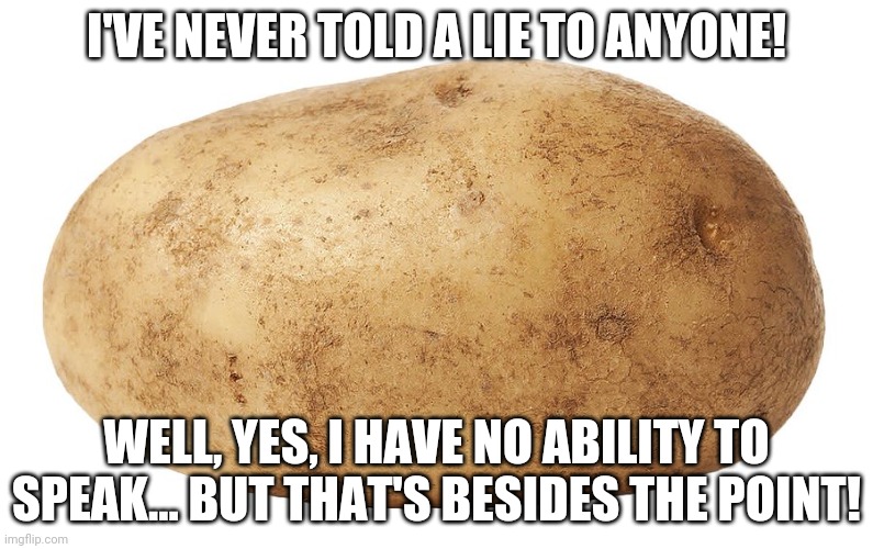 Vote Honest Potato for president this coming election! | I'VE NEVER TOLD A LIE TO ANYONE! WELL, YES, I HAVE NO ABILITY TO SPEAK... BUT THAT'S BESIDES THE POINT! | image tagged in honest,potato,president,election 2020 | made w/ Imgflip meme maker