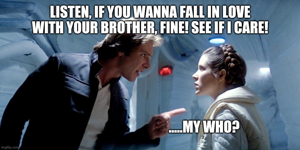 Han Solo Leia Hoth you could use a good kiss | LISTEN, IF YOU WANNA FALL IN LOVE WITH YOUR BROTHER, FINE! SEE IF I CARE! .....MY WHO? | image tagged in han solo leia hoth you could use a good kiss | made w/ Imgflip meme maker