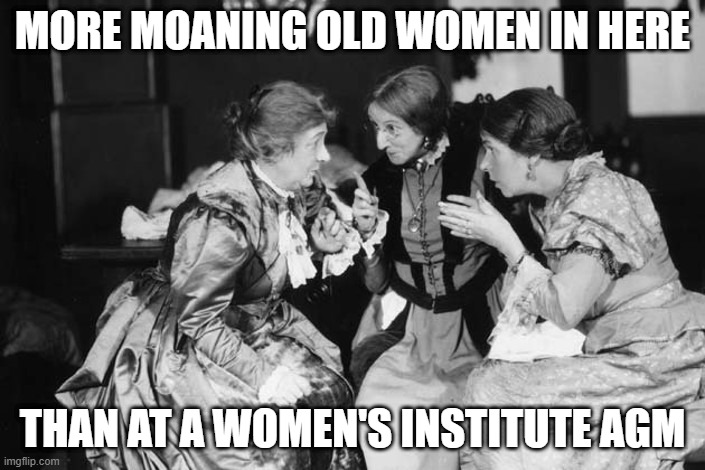 moaning | MORE MOANING OLD WOMEN IN HERE; THAN AT A WOMEN'S INSTITUTE AGM | image tagged in women talking,angry old woman | made w/ Imgflip meme maker
