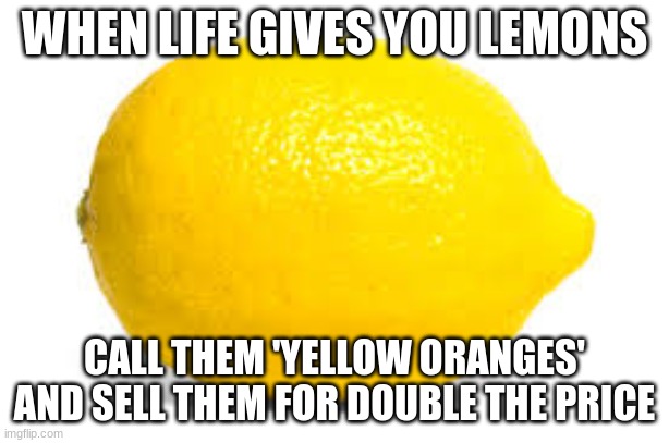When life gives you lemons, X | WHEN LIFE GIVES YOU LEMONS; CALL THEM 'YELLOW ORANGES' AND SELL THEM FOR DOUBLE THE PRICE | image tagged in when life gives you lemons x | made w/ Imgflip meme maker