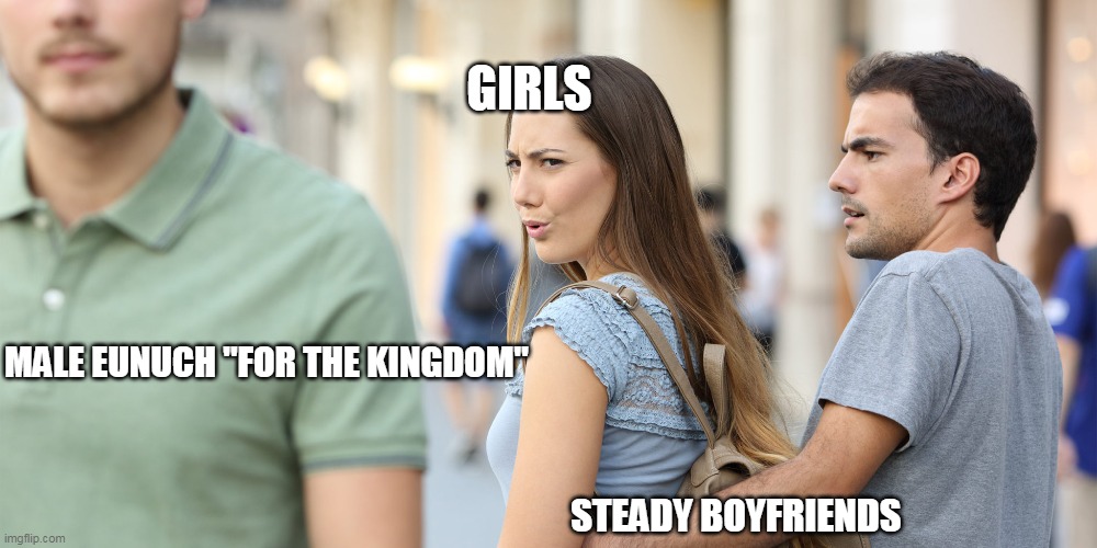 Distracted girlfriend | GIRLS; MALE EUNUCH "FOR THE KINGDOM"; STEADY BOYFRIENDS | image tagged in distracted girlfriend | made w/ Imgflip meme maker