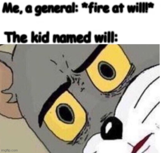 confused tom | Me, a general: *fire at will!*; The kid named will: | image tagged in confused tom | made w/ Imgflip meme maker