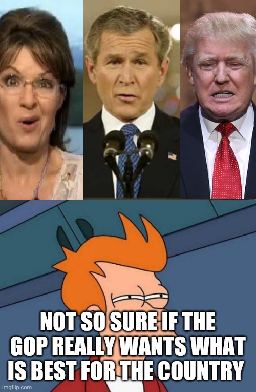 Totall IQ of these 3 reptards = 0 | NOT SO SURE IF THE GOP REALLY WANTS WHAT IS BEST FOR THE COUNTRY | image tagged in memes,george bush,republicans,scumbag republicans,donald trump,sarah palin | made w/ Imgflip meme maker