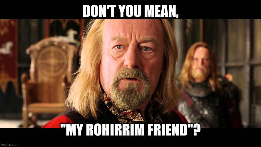 Rohan will answer | DON'T YOU MEAN, "MY ROHIRRIM FRIEND"? | image tagged in rohan will answer | made w/ Imgflip meme maker