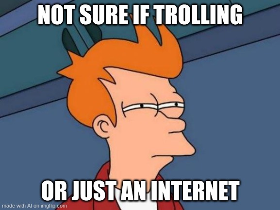 Excuse me generator, what? | NOT SURE IF TROLLING; OR JUST AN INTERNET | image tagged in memes,futurama fry | made w/ Imgflip meme maker
