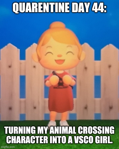 QUARENTINE DAY 44:; TURNING MY ANIMAL CROSSING CHARACTER INTO A VSCO GIRL. | image tagged in animal crossing,new horizons,oh wow are you actually reading these tags | made w/ Imgflip meme maker