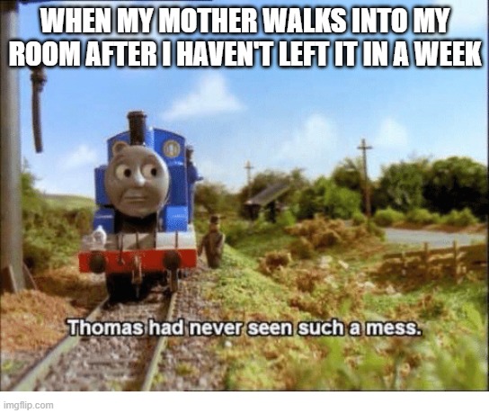 Thomas had never seen such a mess | WHEN MY MOTHER WALKS INTO MY ROOM AFTER I HAVEN'T LEFT IT IN A WEEK | image tagged in thomas had never seen such a mess | made w/ Imgflip meme maker