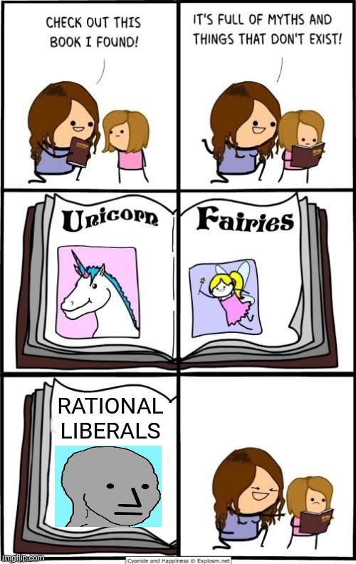 book of myths and things that dont exist | RATIONAL LIBERALS | image tagged in book of myths and things that dont exist,idiots,stupid liberals,funny | made w/ Imgflip meme maker