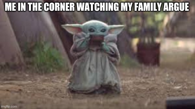 Calm yoda | ME IN THE CORNER WATCHING MY FAMILY ARGUE | image tagged in baby yoda,funny | made w/ Imgflip meme maker