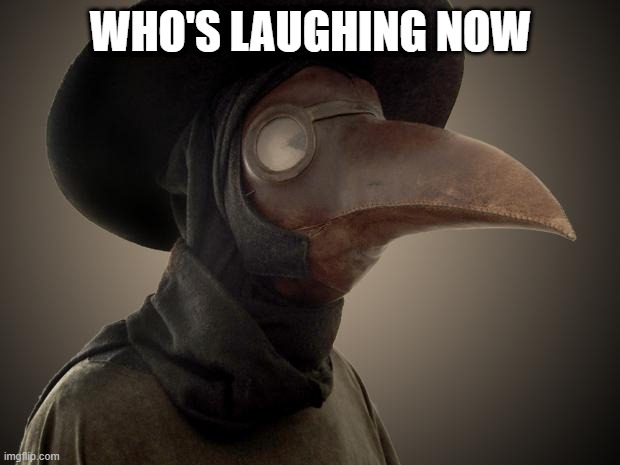 Plague Doctor | WHO'S LAUGHING NOW | image tagged in plague doctor | made w/ Imgflip meme maker