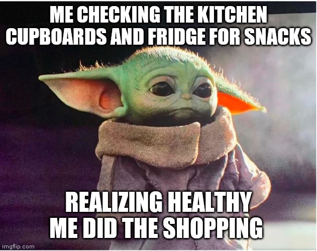 Sad Baby Yoda | ME CHECKING THE KITCHEN CUPBOARDS AND FRIDGE FOR SNACKS; REALIZING HEALTHY ME DID THE SHOPPING | image tagged in sad baby yoda | made w/ Imgflip meme maker