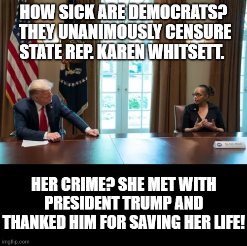 How Sick Are Democrats? | HOW SICK ARE DEMOCRATS?  THEY UNANIMOUSLY CENSURE STATE REP. KAREN WHITSETT. HER CRIME? SHE MET WITH PRESIDENT TRUMP AND THANKED HIM FOR SAVING HER LIFE! | image tagged in democrats,stupid liberals,trump | made w/ Imgflip meme maker