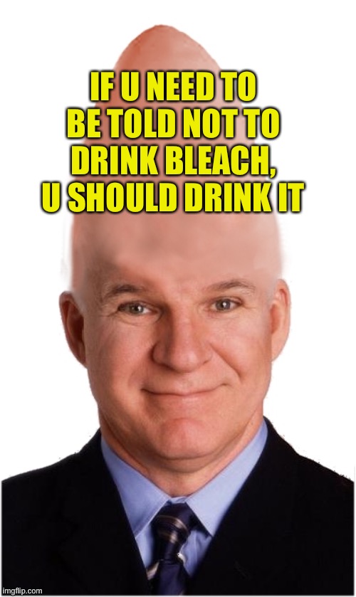 Stevie Bleachhead | IF U NEED TO BE TOLD NOT TO DRINK BLEACH, U SHOULD DRINK IT | image tagged in steve conehead martin,coney | made w/ Imgflip meme maker