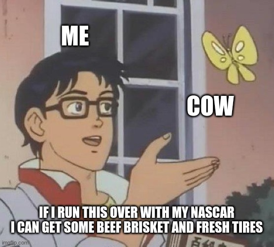 when i see cows | ME; COW; IF I RUN THIS OVER WITH MY NASCAR I CAN GET SOME BEEF BRISKET AND FRESH TIRES | image tagged in memes,is this a pigeon | made w/ Imgflip meme maker