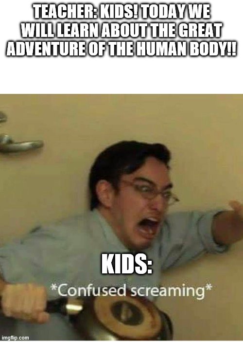 confused screaming | TEACHER: KIDS! TODAY WE WILL LEARN ABOUT THE GREAT ADVENTURE OF THE HUMAN BODY!! KIDS: | image tagged in confused screaming | made w/ Imgflip meme maker