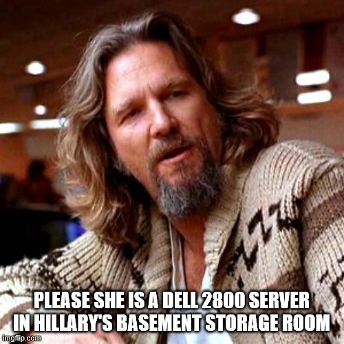 Confused Lebowski Meme | PLEASE SHE IS A DELL 2800 SERVER IN HILLARY'S BASEMENT STORAGE ROOM | image tagged in memes,confused lebowski | made w/ Imgflip meme maker
