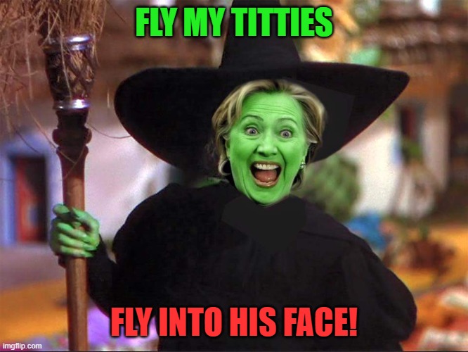Hillary witch | FLY MY TITTIES FLY INTO HIS FACE! | image tagged in hillary witch | made w/ Imgflip meme maker