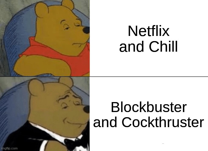 Tuxedo Winnie The Pooh | Netflix and Chill; Blockbuster and Cockthruster | image tagged in memes,tuxedo winnie the pooh,netflix and chill,me irl,blockbuster | made w/ Imgflip meme maker