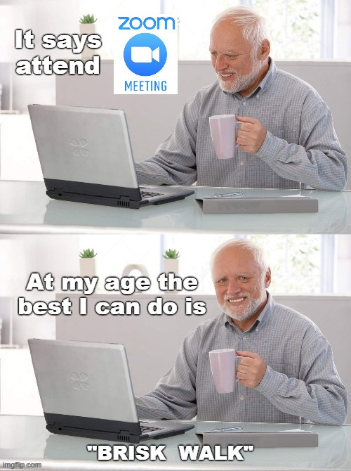Yay ... the wave of the future. | It says attend ZOOM MEETING At my age the best I can do is "BRISK WALK" | image tagged in ok boomer,zoomer,shelter in place,dark humor,work from home,rick75230 | made w/ Imgflip meme maker