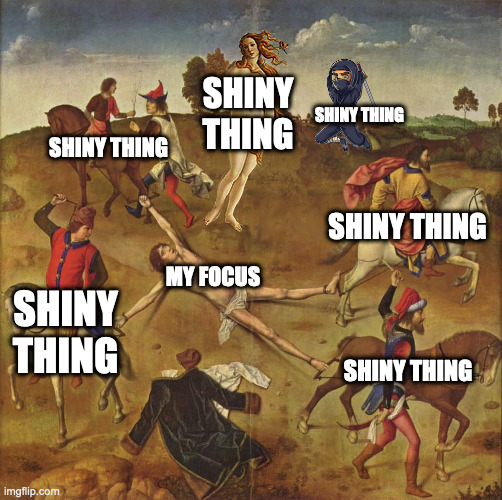Shiny Things | SHINY THING; SHINY THING; SHINY THING; SHINY THING; MY FOCUS; SHINY THING; SHINY THING | image tagged in drawn and quartered with ninja and venus | made w/ Imgflip meme maker