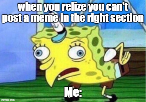 Mocking Spongebob | when you relize you can't post a meme in the right section; Me: | image tagged in memes,mocking spongebob | made w/ Imgflip meme maker