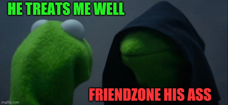 Evil Kermit | HE TREATS ME WELL; FRIENDZONE HIS ASS | image tagged in memes,evil kermit | made w/ Imgflip meme maker
