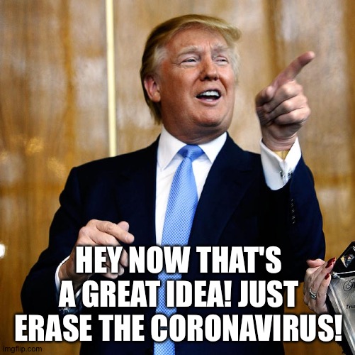 Donal Trump Birthday | HEY NOW THAT'S A GREAT IDEA! JUST ERASE THE CORONAVIRUS! | image tagged in donal trump birthday | made w/ Imgflip meme maker
