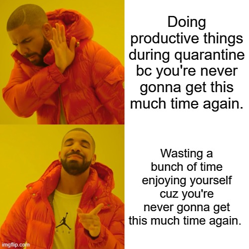 Drake Hotline Bling Meme | Doing productive things during quarantine bc you're never gonna get this much time again. Wasting a bunch of time enjoying yourself cuz you're never gonna get this much time again. | image tagged in memes,drake hotline bling | made w/ Imgflip meme maker
