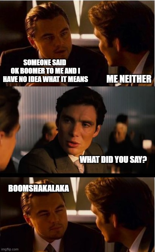 Slam dunk! | SOMEONE SAID 
OK BOOMER TO ME AND I HAVE NO IDEA WHAT IT MEANS; ME NEITHER; WHAT DID YOU SAY? BOOMSHAKALAKA | image tagged in memes,inception,boomshakalaka | made w/ Imgflip meme maker