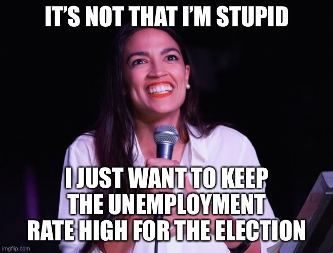 AOC Crazy | IT’S NOT THAT I’M STUPID I JUST WANT TO KEEP THE UNEMPLOYMENT RATE HIGH FOR THE ELECTION | image tagged in aoc crazy | made w/ Imgflip meme maker