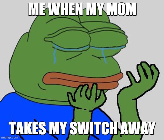 pepe cry |  ME WHEN MY MOM; TAKES MY SWITCH AWAY | image tagged in pepe cry | made w/ Imgflip meme maker