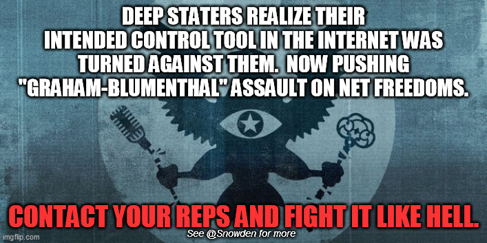 As usual, Pelosi and vermin on both "sides" will scam this to you as "security" or "anti-crime."  Shameless totalitarian lies. | DEEP STATERS REALIZE THEIR INTENDED CONTROL TOOL IN THE INTERNET WAS TURNED AGAINST THEM.  NOW PUSHING "GRAHAM-BLUMENTHAL" ASSAULT ON NET FREEDOMS. CONTACT YOUR REPS AND FIGHT IT LIKE HELL. See @Snowden for more | image tagged in deep state,total control state,internet freedom,edward snowden | made w/ Imgflip meme maker
