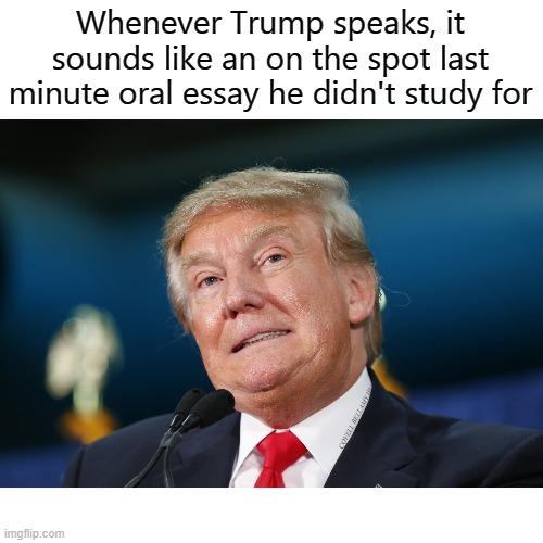 Whenever Trump speaks, it sounds like an on the spot last minute oral essay he didn't study for; COVELL BELLAMY III | image tagged in trump when speaking sounds like last minute oral essay | made w/ Imgflip meme maker