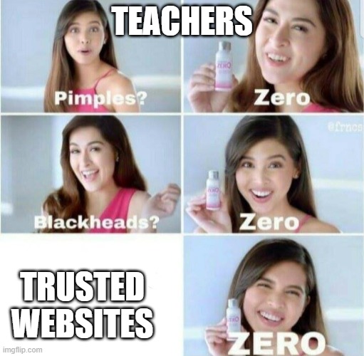 teachers | TEACHERS; TRUSTED WEBSITES | image tagged in pimples zero | made w/ Imgflip meme maker