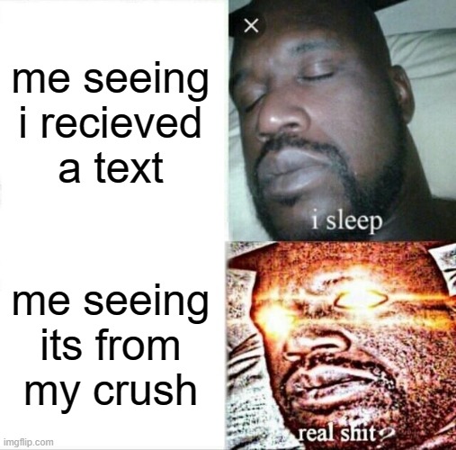 Sleeping Shaq Meme | me seeing i recieved a text; me seeing its from my crush | image tagged in memes,sleeping shaq | made w/ Imgflip meme maker