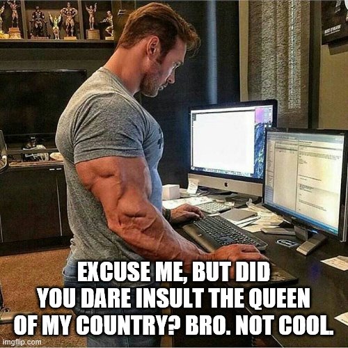 Buff man typing | EXCUSE ME, BUT DID YOU DARE INSULT THE QUEEN OF MY COUNTRY? BRO. NOT COOL. | image tagged in buff man typing | made w/ Imgflip meme maker