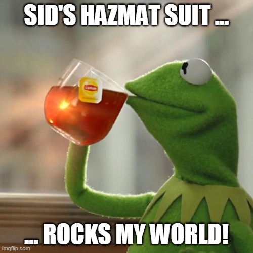 SID'S HAZMAT SUIT ROCKS MY WORLD | SID'S HAZMAT SUIT ... ... ROCKS MY WORLD! | image tagged in memes,kermit the frog | made w/ Imgflip meme maker