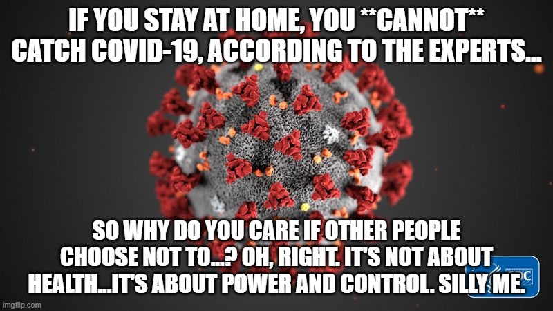 Just Like The Vaccine Nuts | IF YOU STAY AT HOME, YOU **CANNOT** CATCH COVID-19, ACCORDING TO THE EXPERTS... SO WHY DO YOU CARE IF OTHER PEOPLE CHOOSE NOT TO...? OH, RIGHT. IT'S NOT ABOUT HEALTH...IT'S ABOUT POWER AND CONTROL. SILLY ME. | image tagged in covid 19 | made w/ Imgflip meme maker