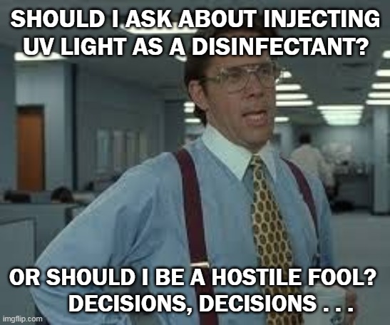 Trump reporter | SHOULD I ASK ABOUT INJECTING UV LIGHT AS A DISINFECTANT? OR SHOULD I BE A HOSTILE FOOL?           DECISIONS, DECISIONS . . . | image tagged in tps reports | made w/ Imgflip meme maker