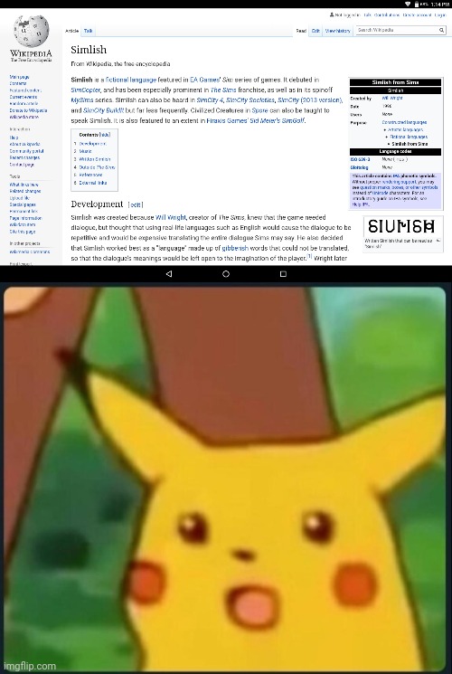 Wikipedia? | image tagged in surprised pikachu,the sims,simlish,wikipedia | made w/ Imgflip meme maker