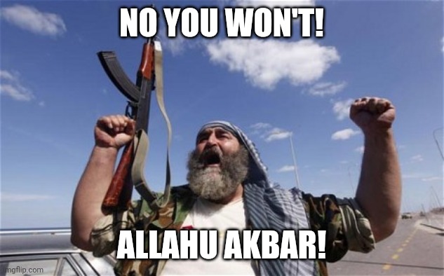 Allahu Akbar | NO YOU WON'T! ALLAHU AKBAR! | image tagged in allahu akbar | made w/ Imgflip meme maker