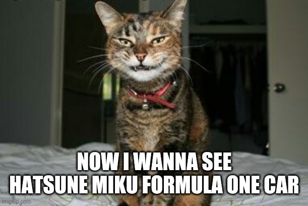 Evil Smile Cat | NOW I WANNA SEE HATSUNE MIKU FORMULA ONE CAR | image tagged in evil smile cat | made w/ Imgflip meme maker