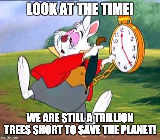 Alice In Wonderland White Rabbit |  LOOK AT THE TIME! WE ARE STILL A TRILLION TREES SHORT TO SAVE THE PLANET! | image tagged in white rabbit i'm late,alice,wonderland,trees,late,fun | made w/ Imgflip meme maker
