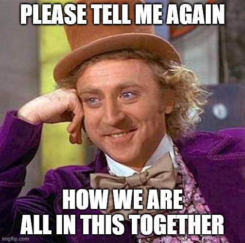 Creepy Condescending Wonka | PLEASE TELL ME AGAIN; HOW WE ARE ALL IN THIS TOGETHER | image tagged in memes,creepy condescending wonka | made w/ Imgflip meme maker