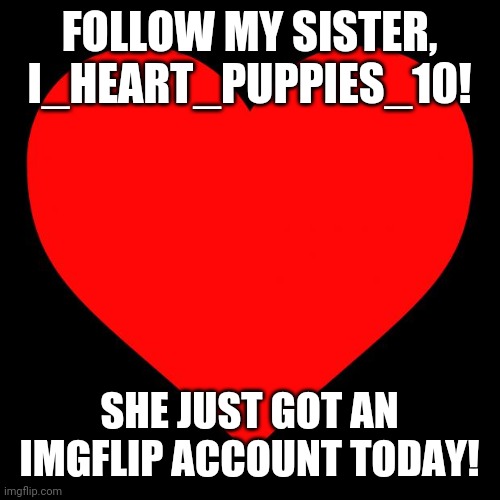 Heart | FOLLOW MY SISTER, I_HEART_PUPPIES_10! SHE JUST GOT AN IMGFLIP ACCOUNT TODAY! | image tagged in heart | made w/ Imgflip meme maker
