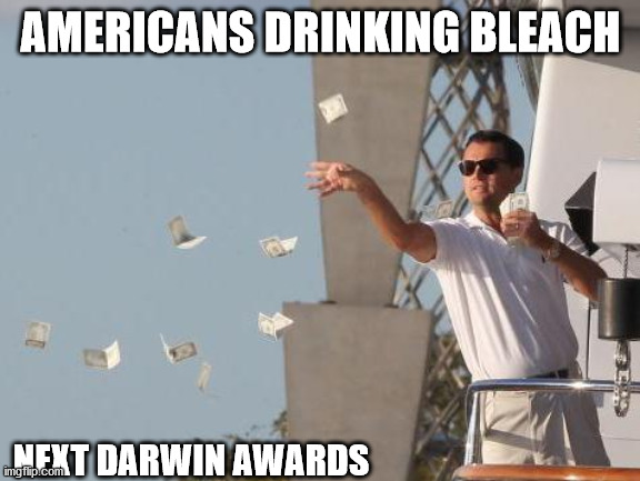 Leonardo DiCaprio throwing Money  | AMERICANS DRINKING BLEACH; NEXT DARWIN AWARDS | image tagged in leonardo dicaprio throwing money | made w/ Imgflip meme maker