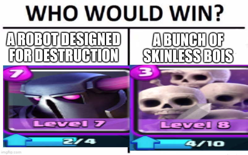 Sponsored by Clash Royale | A ROBOT DESIGNED FOR DESTRUCTION; A BUNCH OF SKINLESS BOIS | image tagged in who would win,memes | made w/ Imgflip meme maker